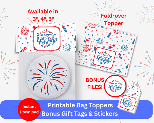 Digital File: Printable July 4th Treat/Cookie Bag Toppers, Gift Tags, & Stickers Bundle