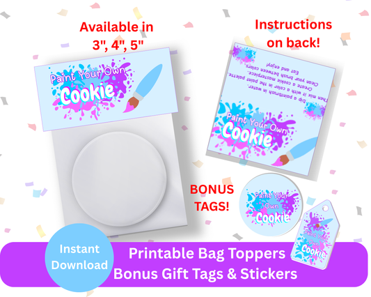 Digital File: Printable Paint Your Own (PYO) Cookie Bag Toppers, Gift Tags, & Stickers Bundle
