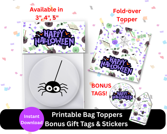 Digital File: Printable Happy Halloween Treat/Cookie Bag Toppers, Gift Tags, & Stickers Bundle