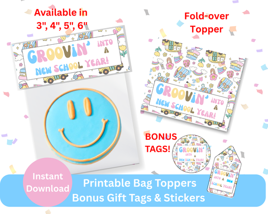 Digital File: Printable Groovin' Into a New School Year! Bag Toppers, Gift Tags, & Stickers Bundle