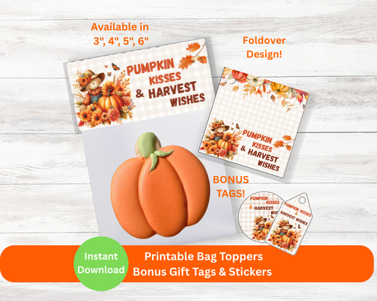 Digital File: Printable Pumpkin Kisses and Harvest Wishes Bag Toppers, Gift Tags, & Stickers Bundle