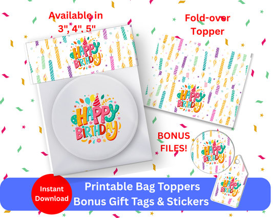 Digital File: Printable Happy Birthday Candles Treat/Cookie Bag Toppers, Gift Tags, & Stickers Bundle