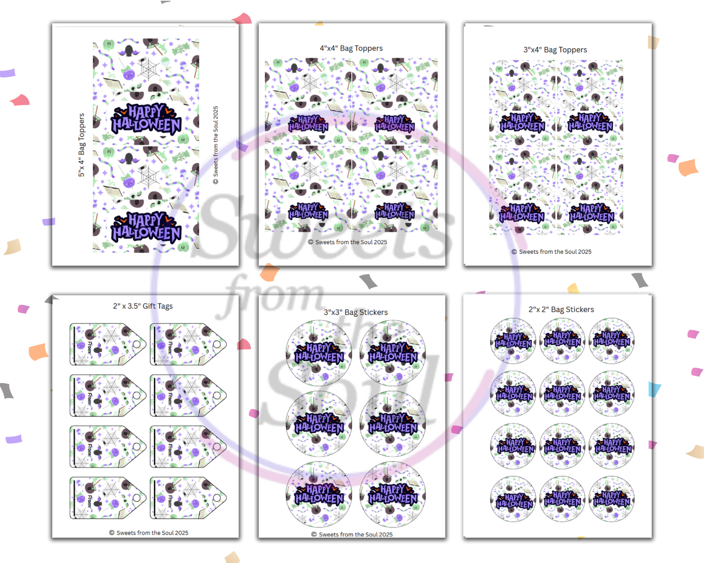 Digital File: Printable Happy Halloween Treat/Cookie Bag Toppers, Gift Tags, & Stickers Bundle
