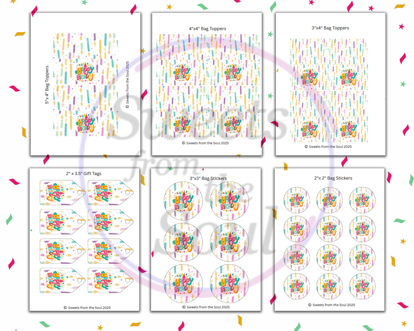 Digital File: Printable Happy Birthday Candles Treat/Cookie Bag Toppers, Gift Tags, & Stickers Bundle