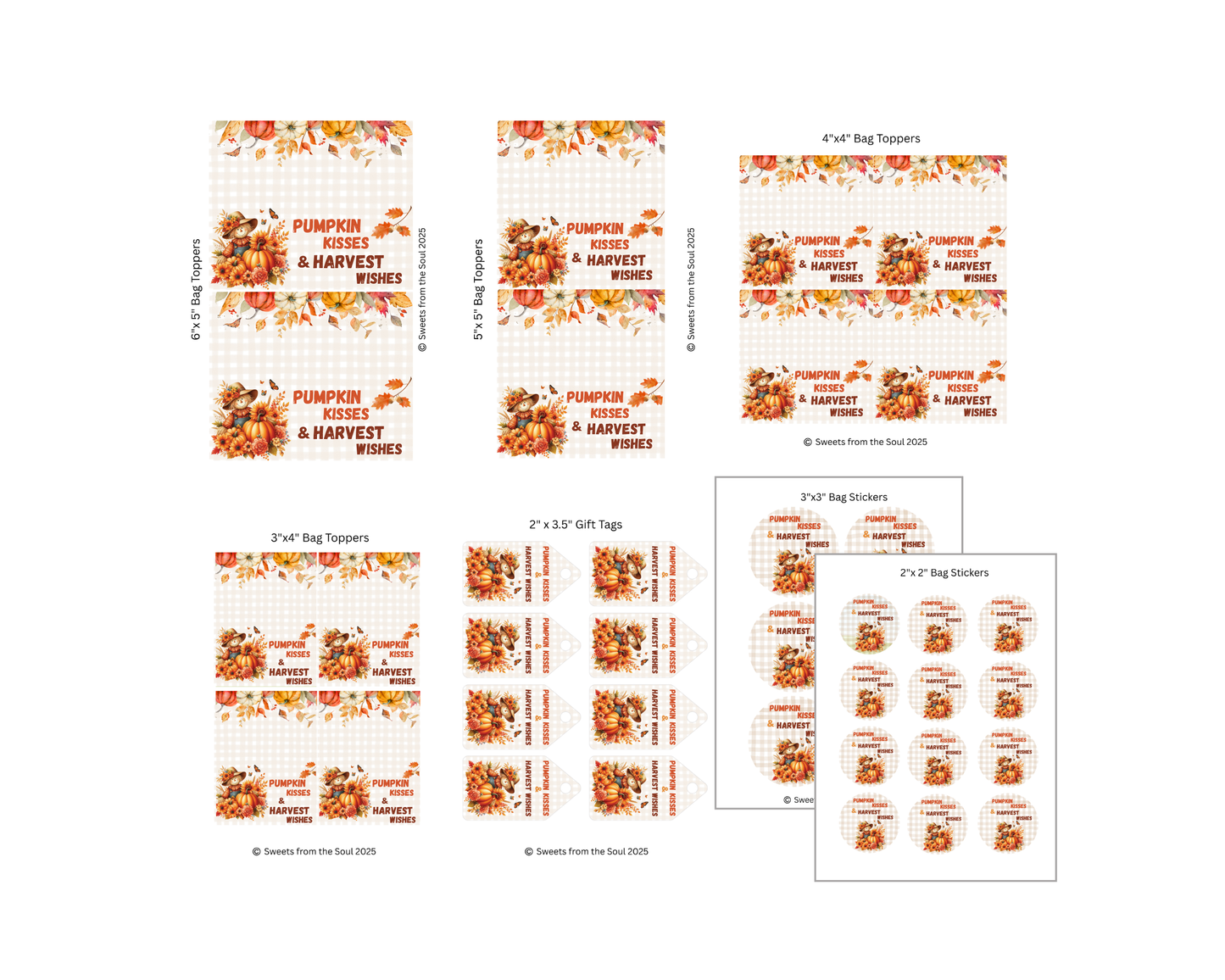 Digital File: Printable Pumpkin Kisses and Harvest Wishes Bag Toppers, Gift Tags, & Stickers Bundle