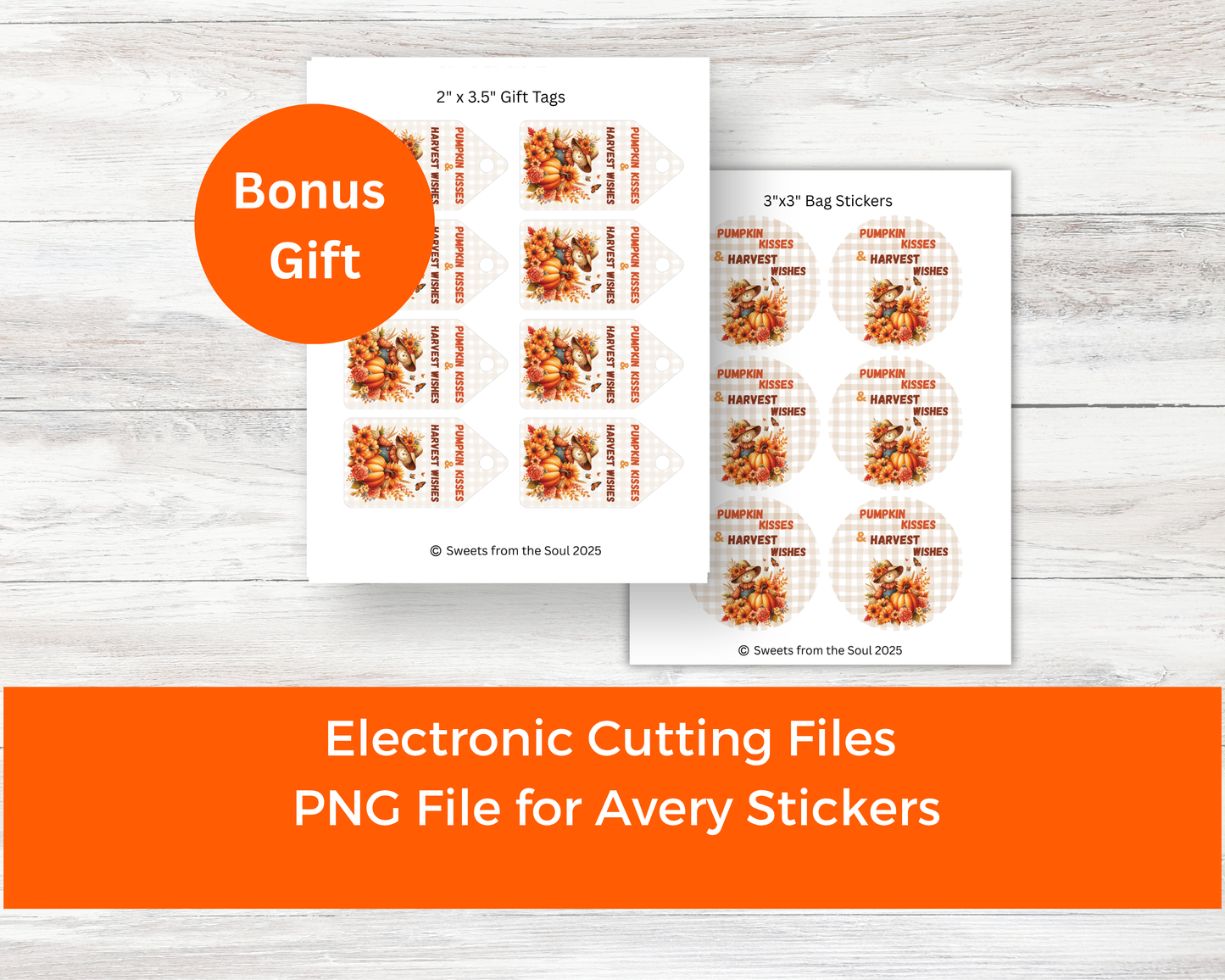 Digital File: Printable Pumpkin Kisses and Harvest Wishes Bag Toppers, Gift Tags, & Stickers Bundle