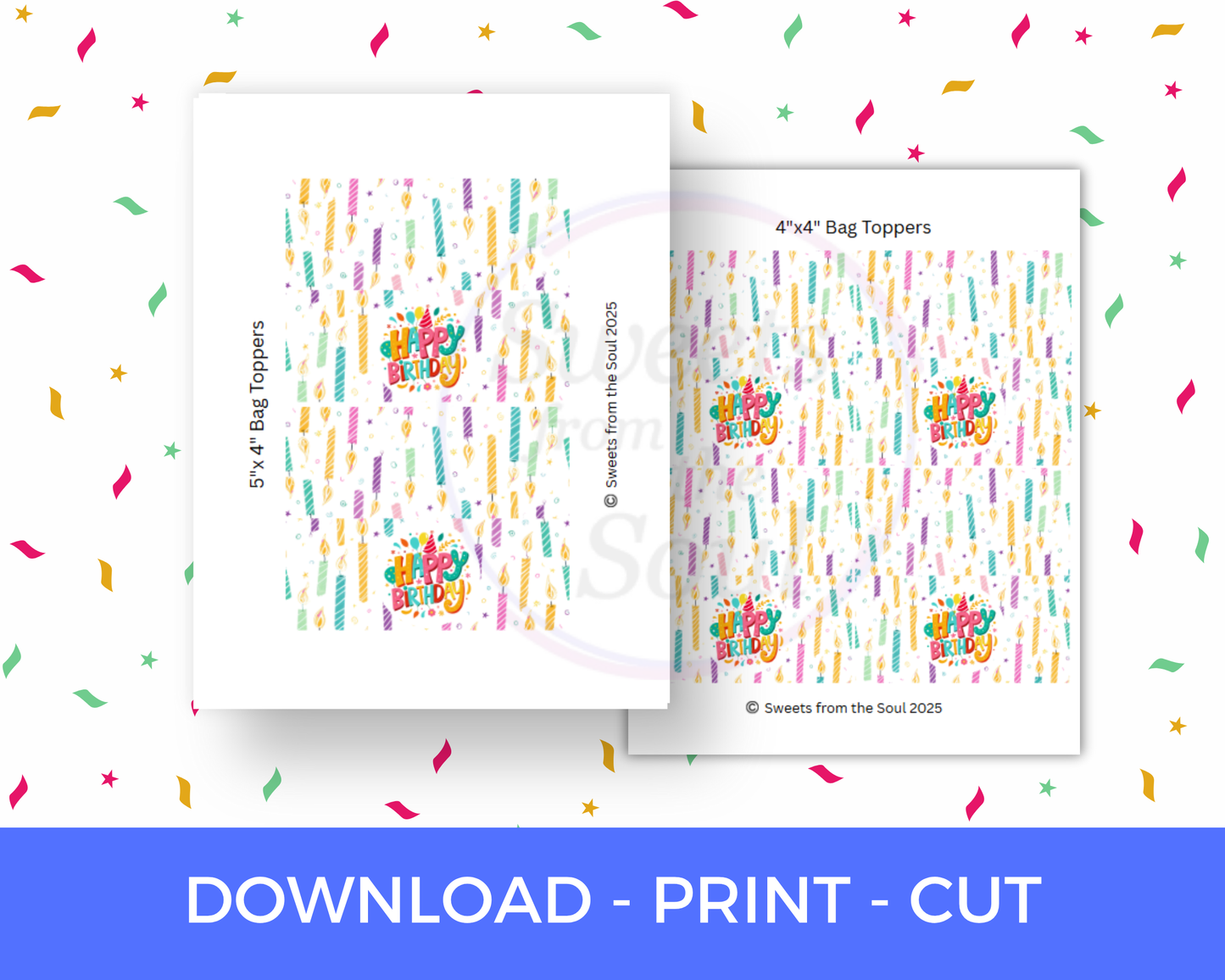 Digital File: Printable Happy Birthday Candles Treat/Cookie Bag Toppers, Gift Tags, & Stickers Bundle