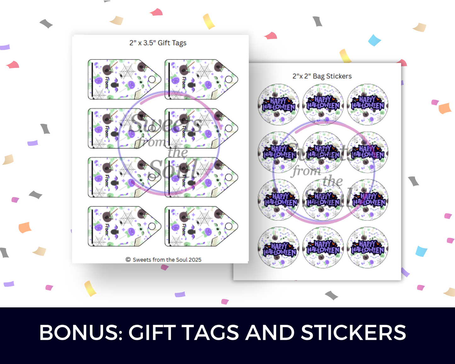 Digital File: Printable Happy Halloween Treat/Cookie Bag Toppers, Gift Tags, & Stickers Bundle