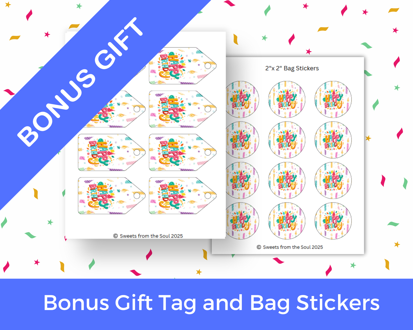 Digital File: Printable Happy Birthday Candles Treat/Cookie Bag Toppers, Gift Tags, & Stickers Bundle