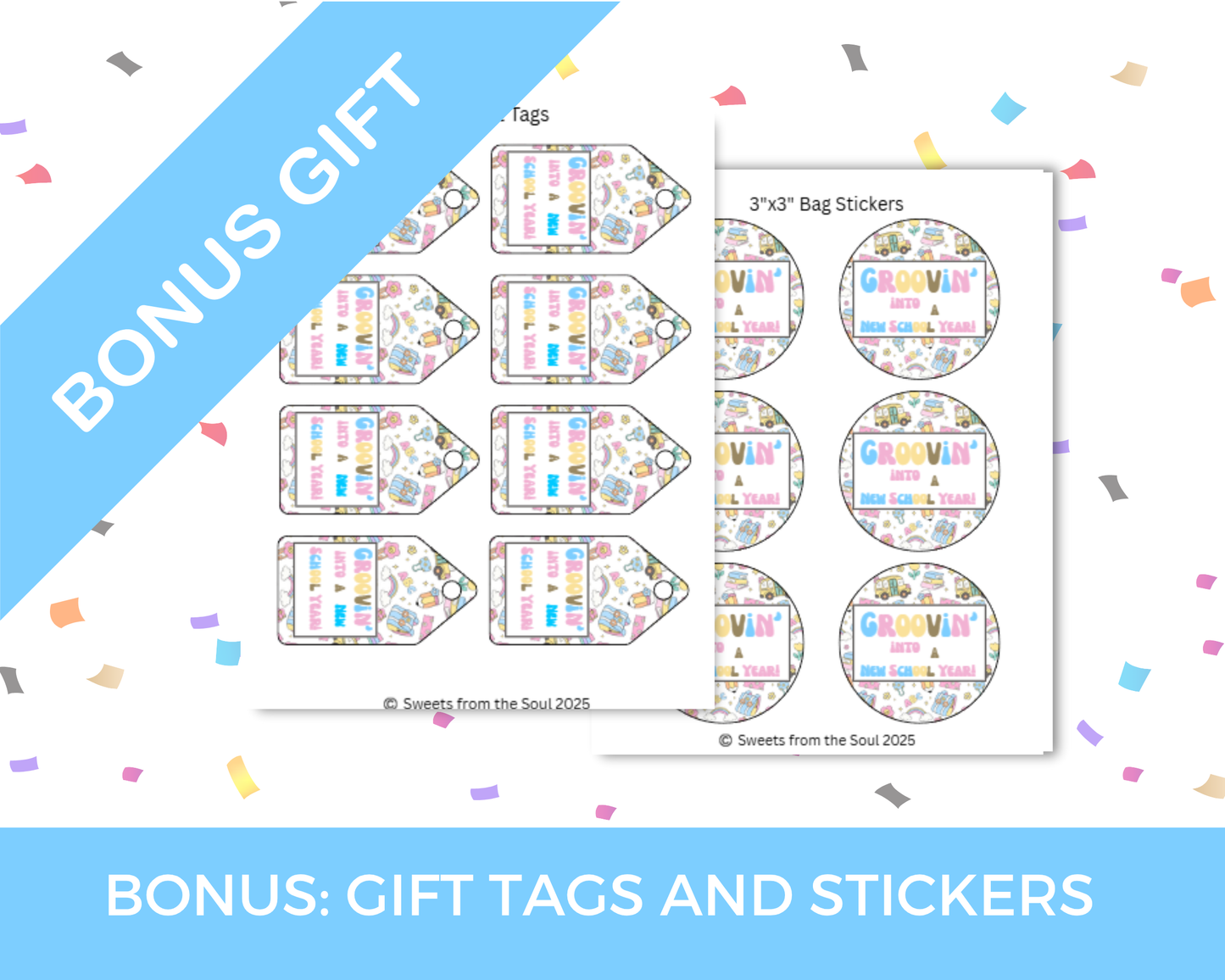 Digital File: Printable Groovin' Into a New School Year! Bag Toppers, Gift Tags, & Stickers Bundle