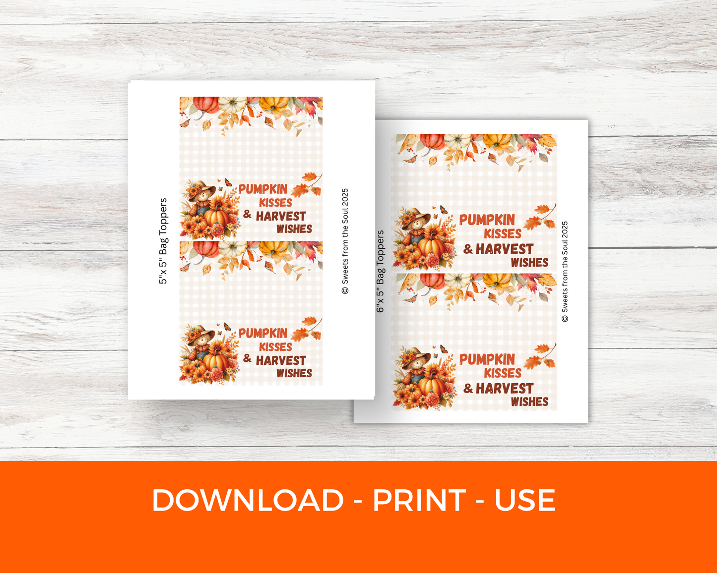 Digital File: Printable Pumpkin Kisses and Harvest Wishes Bag Toppers, Gift Tags, & Stickers Bundle