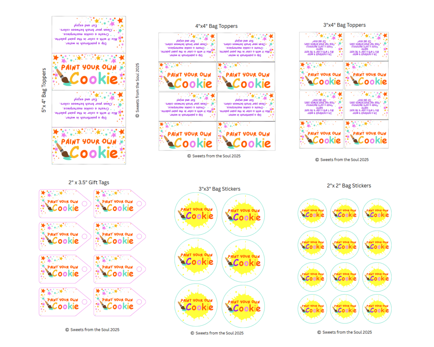 Digital File: Printable PYO Paint Your Own Cookie Bag Toppers, Gift Tags, & Stickers Bundle