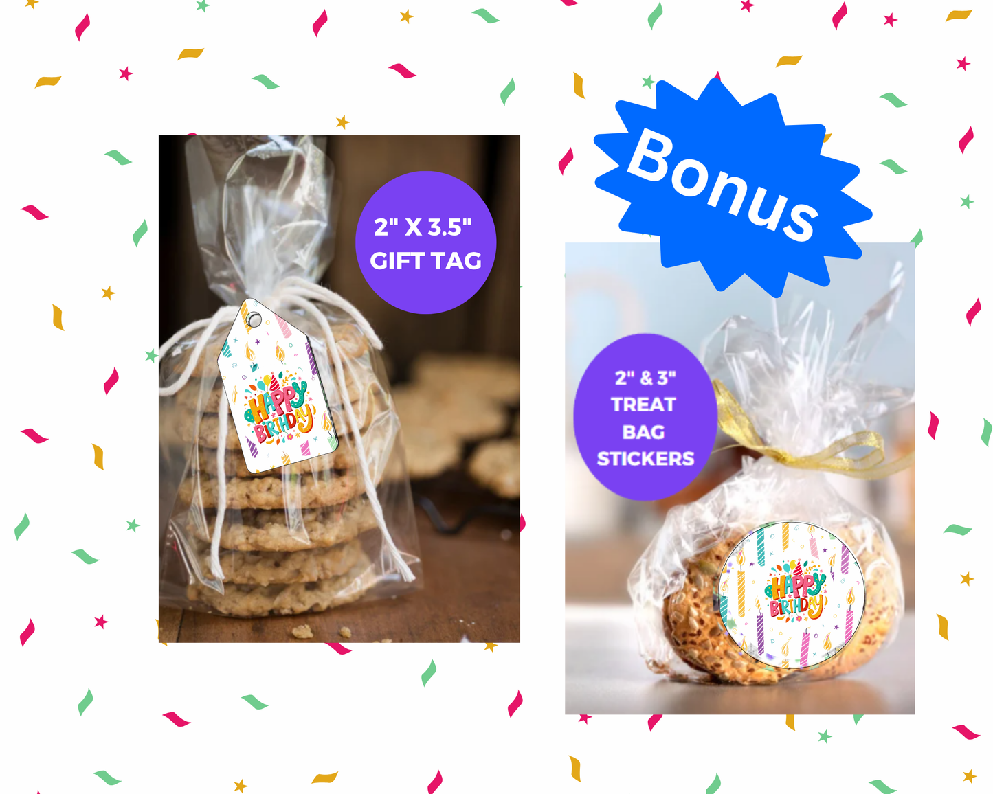 Digital File: Printable Happy Birthday Candles Treat/Cookie Bag Toppers, Gift Tags, & Stickers Bundle