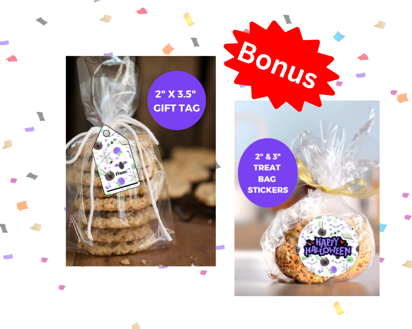 Digital File: Printable Happy Halloween Treat/Cookie Bag Toppers, Gift Tags, & Stickers Bundle