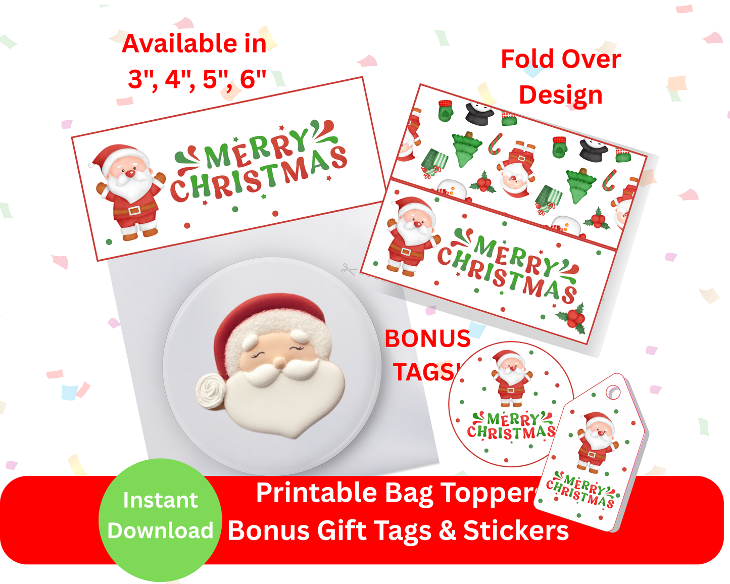 Digital File: Merry Christmas Cookie Bag Toppers, Gift Tags, & Stickers Bundle