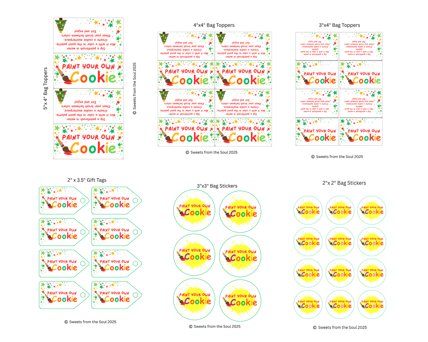 Digital File: Printable Holiday PYO Paint Your Own Cookie Bag Toppers, Gift Tags, & Stickers Bundle