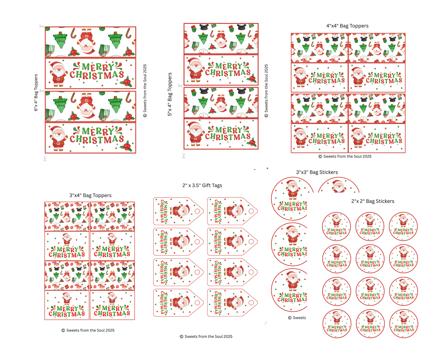 Digital File: Merry Christmas Cookie Bag Toppers, Gift Tags, & Stickers Bundle